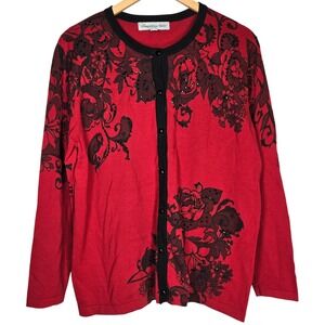 Samantha‎ Grey Women's Red Black Floral Lace Beaded Button Up Cardigan Sweater L